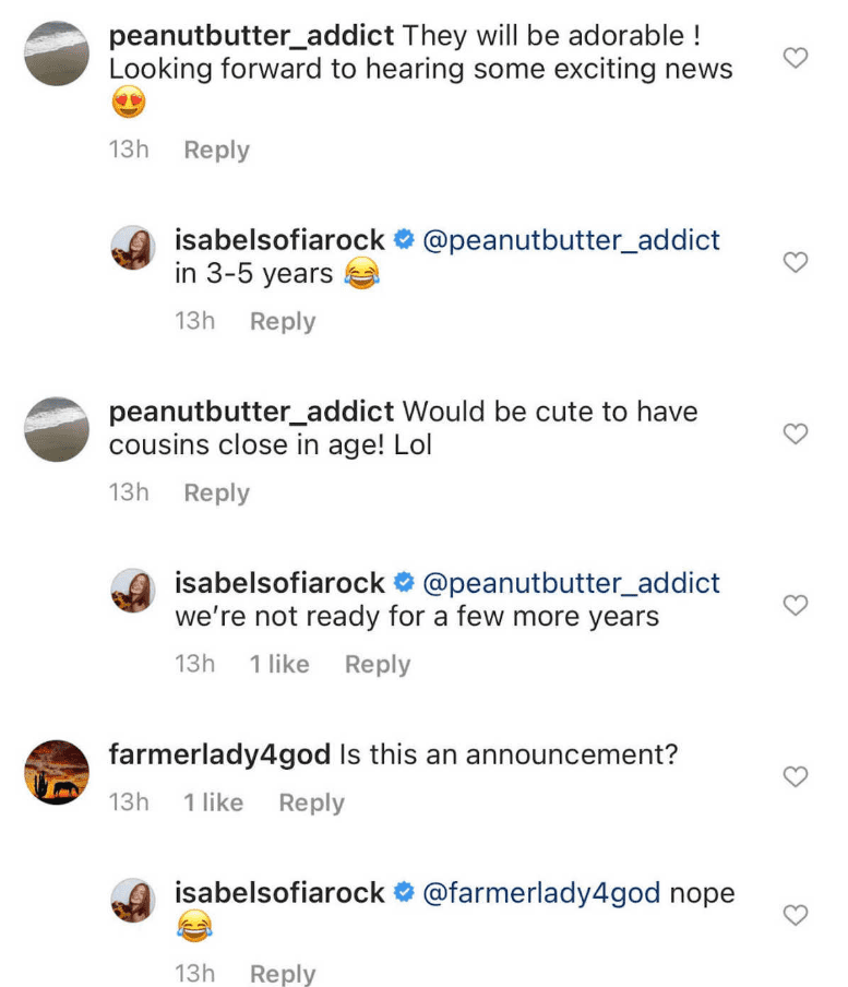 Isabel Roloff responds to fans who speculate that she pregnant with Jacob Roloff's child on November 16, 2020 | Photo: Instagram/isabelsofiarock