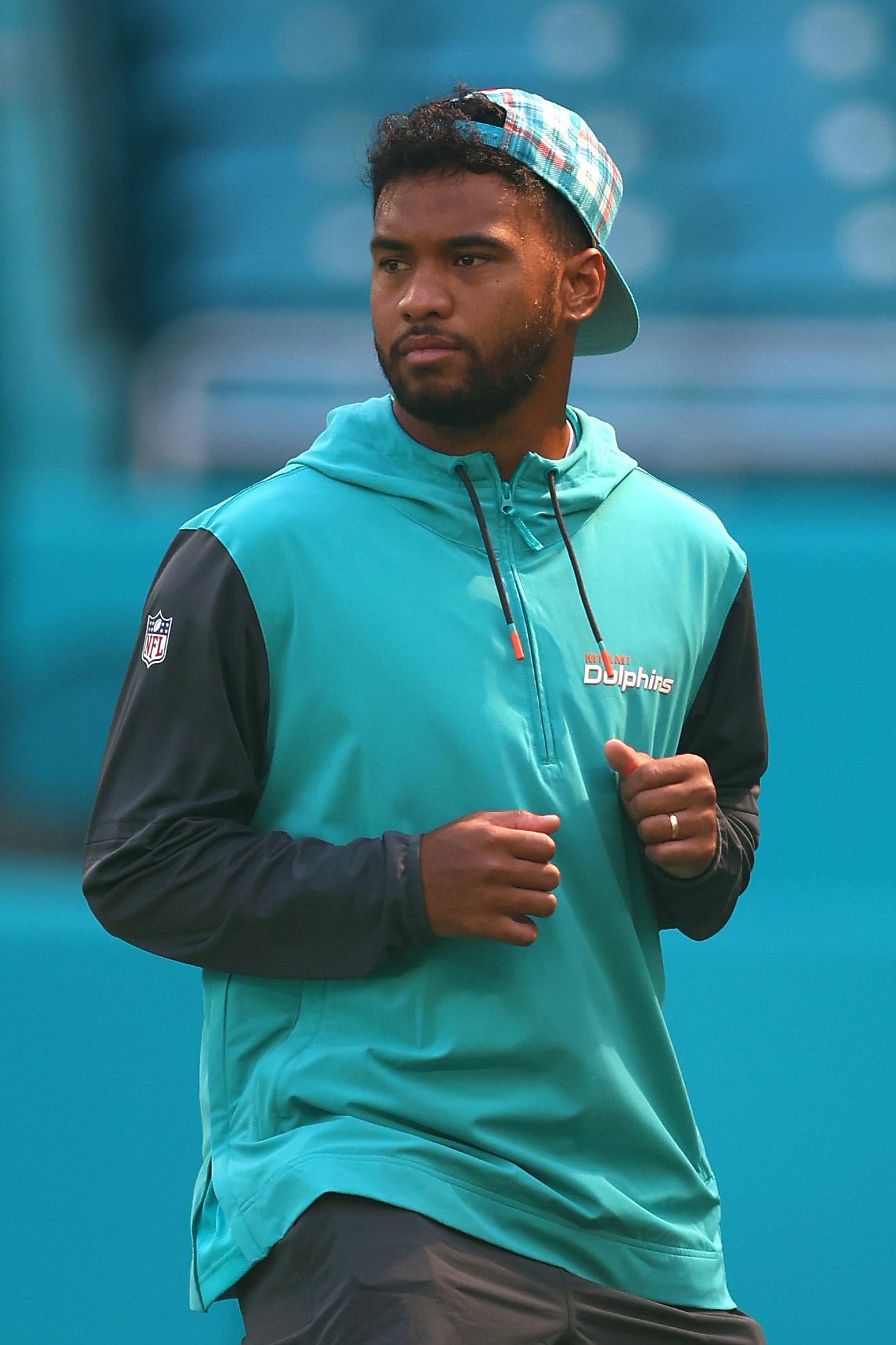 Tua Tagovailoa warming up before a game against the Jacksonville Jaguars at Hard Rock Stadium on September 8, 2024, in Miami Gardens, Florida. | Source: Getty Images