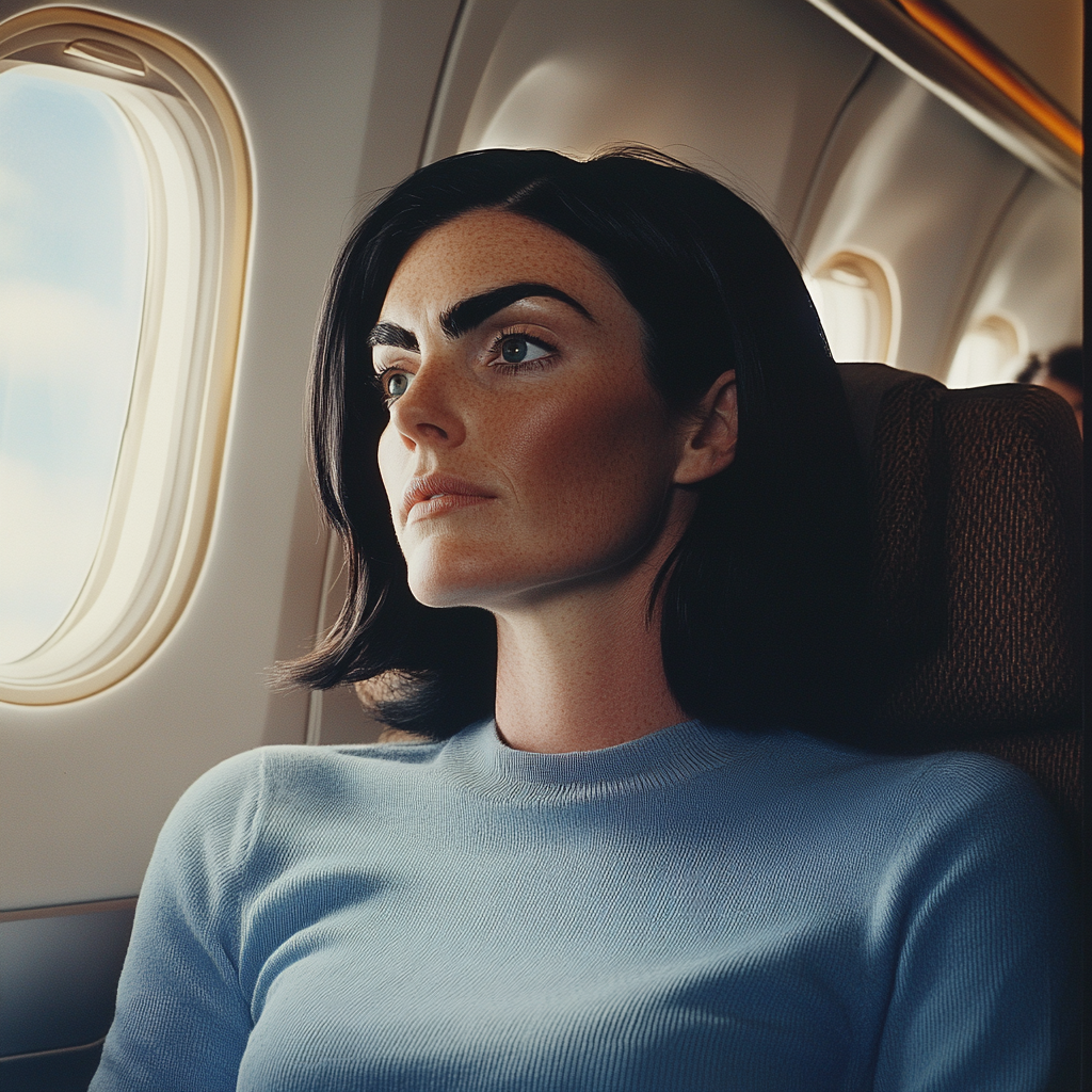 A woman staring thoughtfully out a plane window | Source: Midjourney