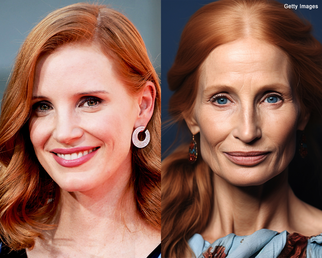 Jessica Chastain in her real life | An AI depiction of what Jessica Chastain might look like in 20 years | Source: Getty Images | Midjourney