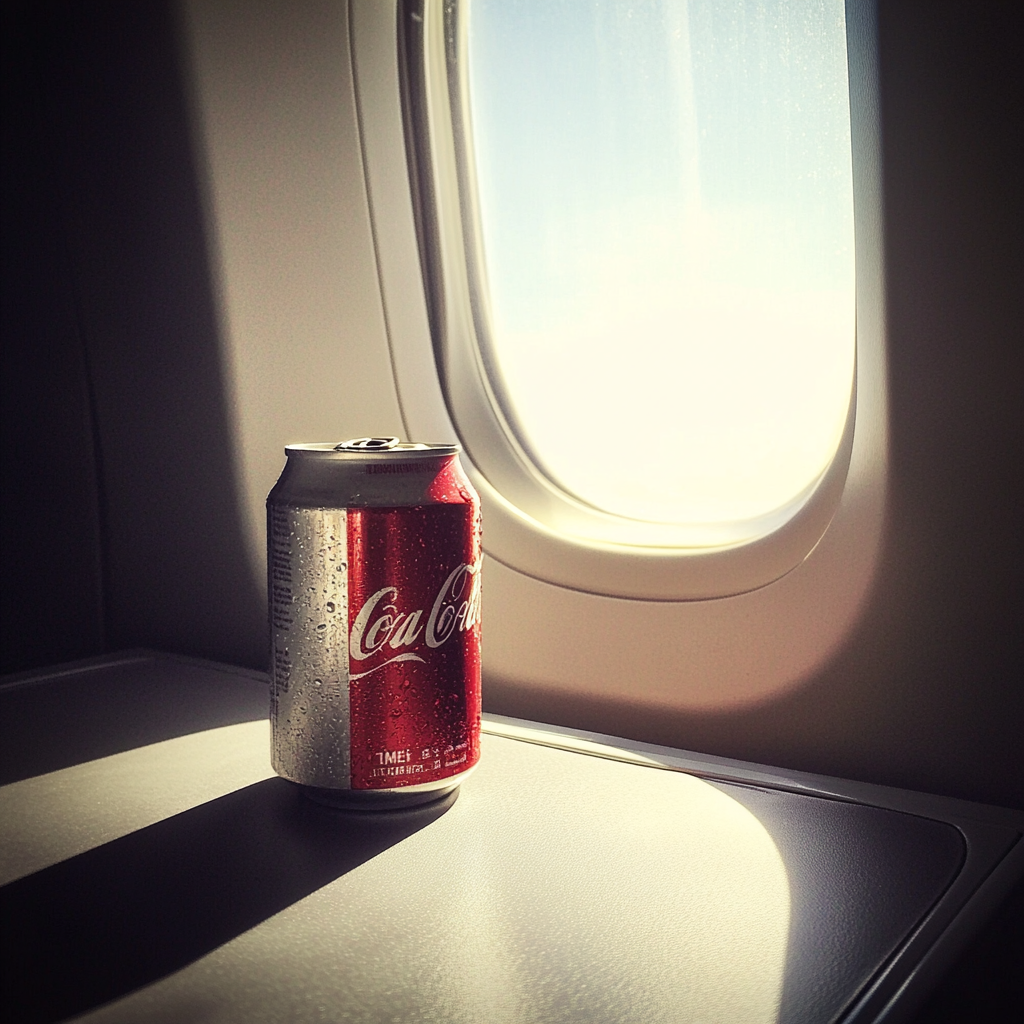 A can of soda on an airplane table | Source: Midjourney