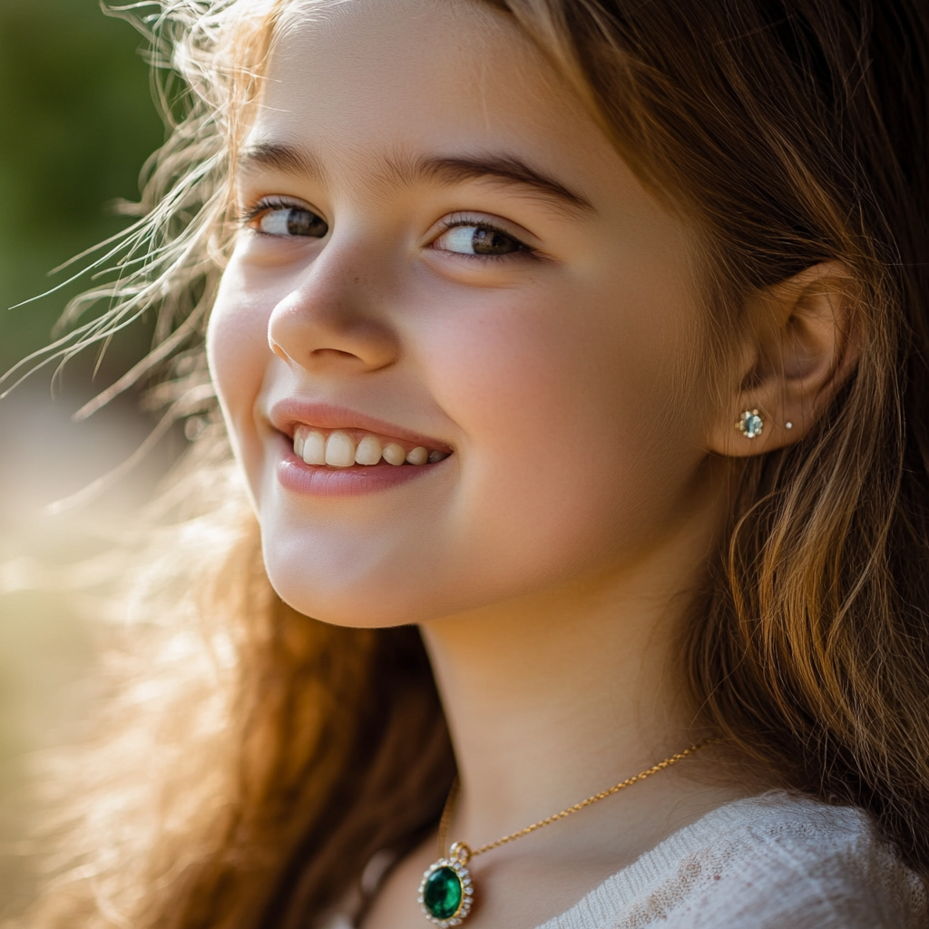 A smiling young girl wearing an emerald necklace | Source: Midjourney