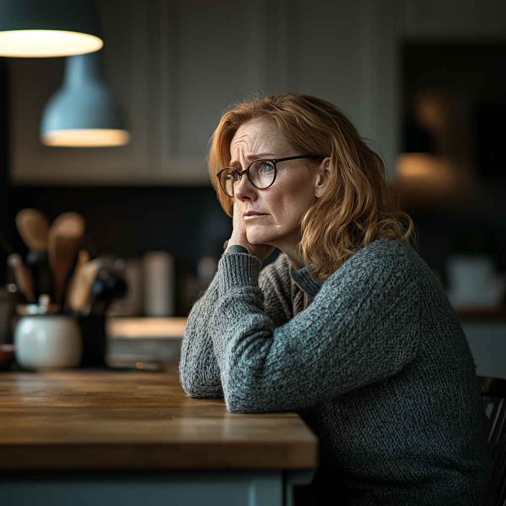 A sad woman sitting at a table | Source: Midjourney