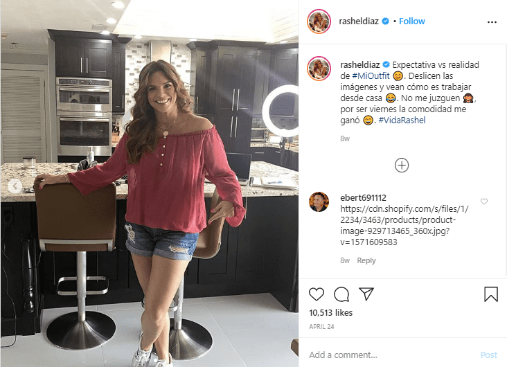 Rashel Díaz publicó una fotografía mientras trabaja desde su cocina. I Captura de pantalla de Instagram/rasheldiaz
