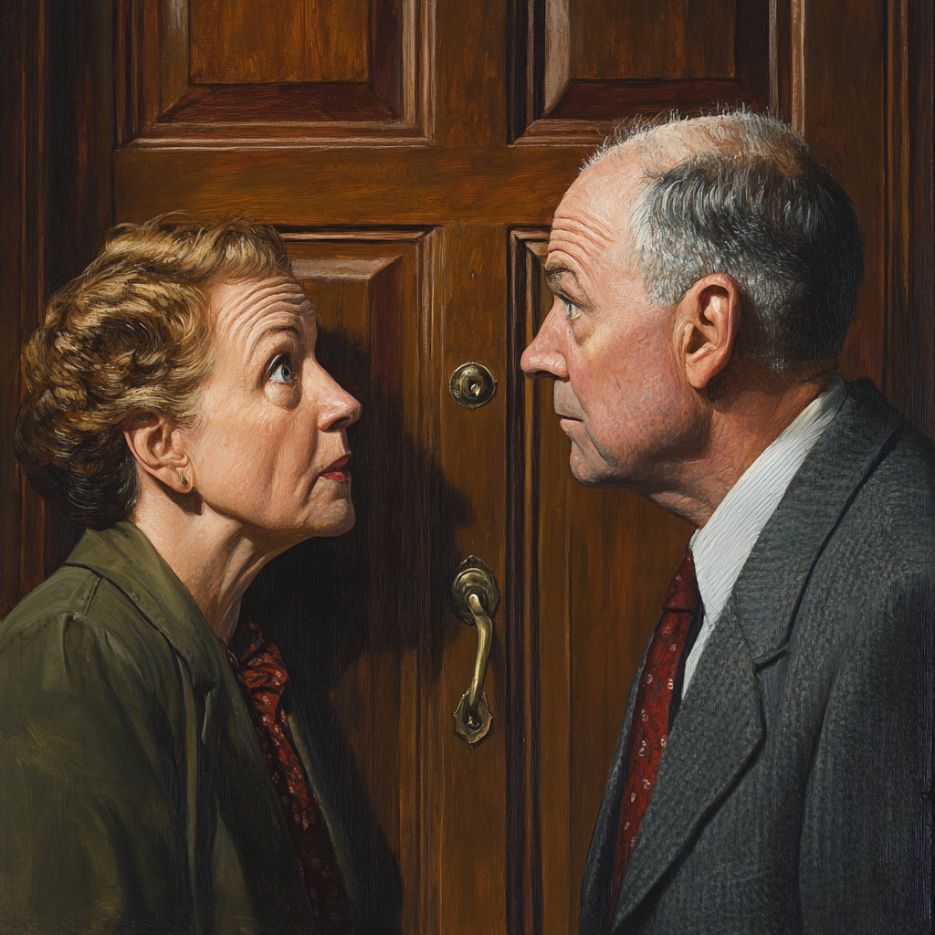 Man and woman eavesdropping outside a closed door | Source: Midjourney