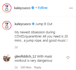 Comment from a social media follower on a workout video posted by Kaley Cuoco on September 7, 2020. | Source: Instagram/kaleycuoco.