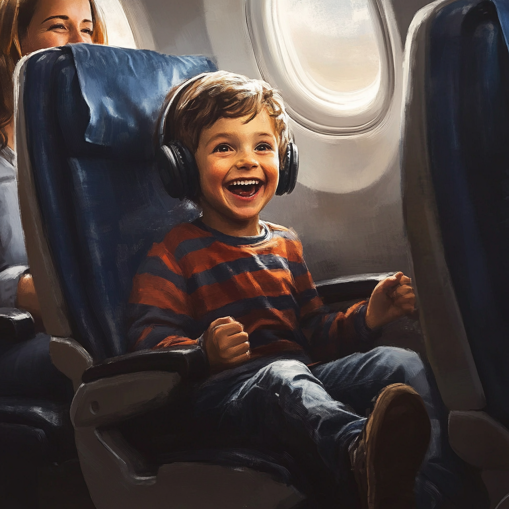 The boy laughs from behind the woman's seat. | Source: MIdjourney