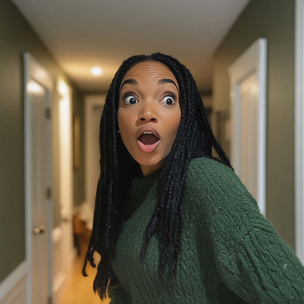 A shocked woman standing in a hallway | Source: Midjourney