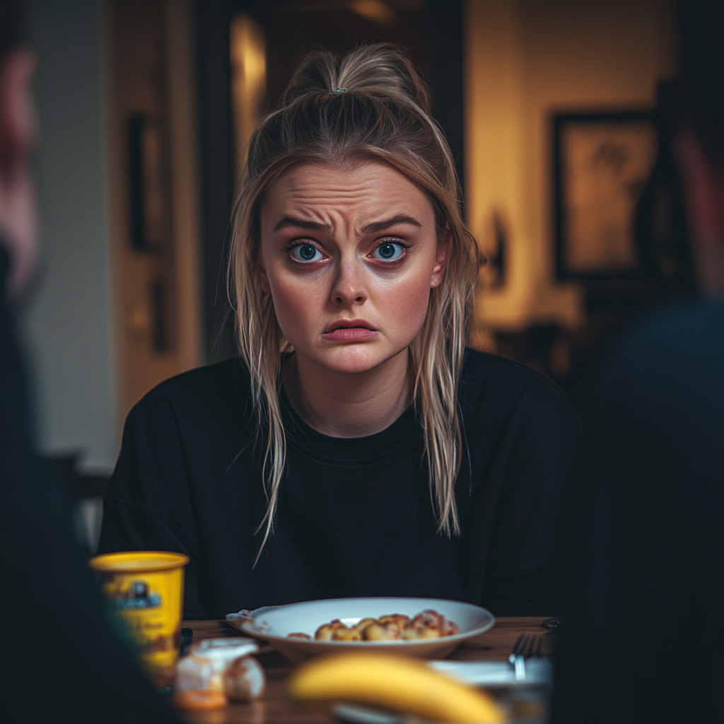 An angry and upset woman  at the dinner table | Source: Midjourney