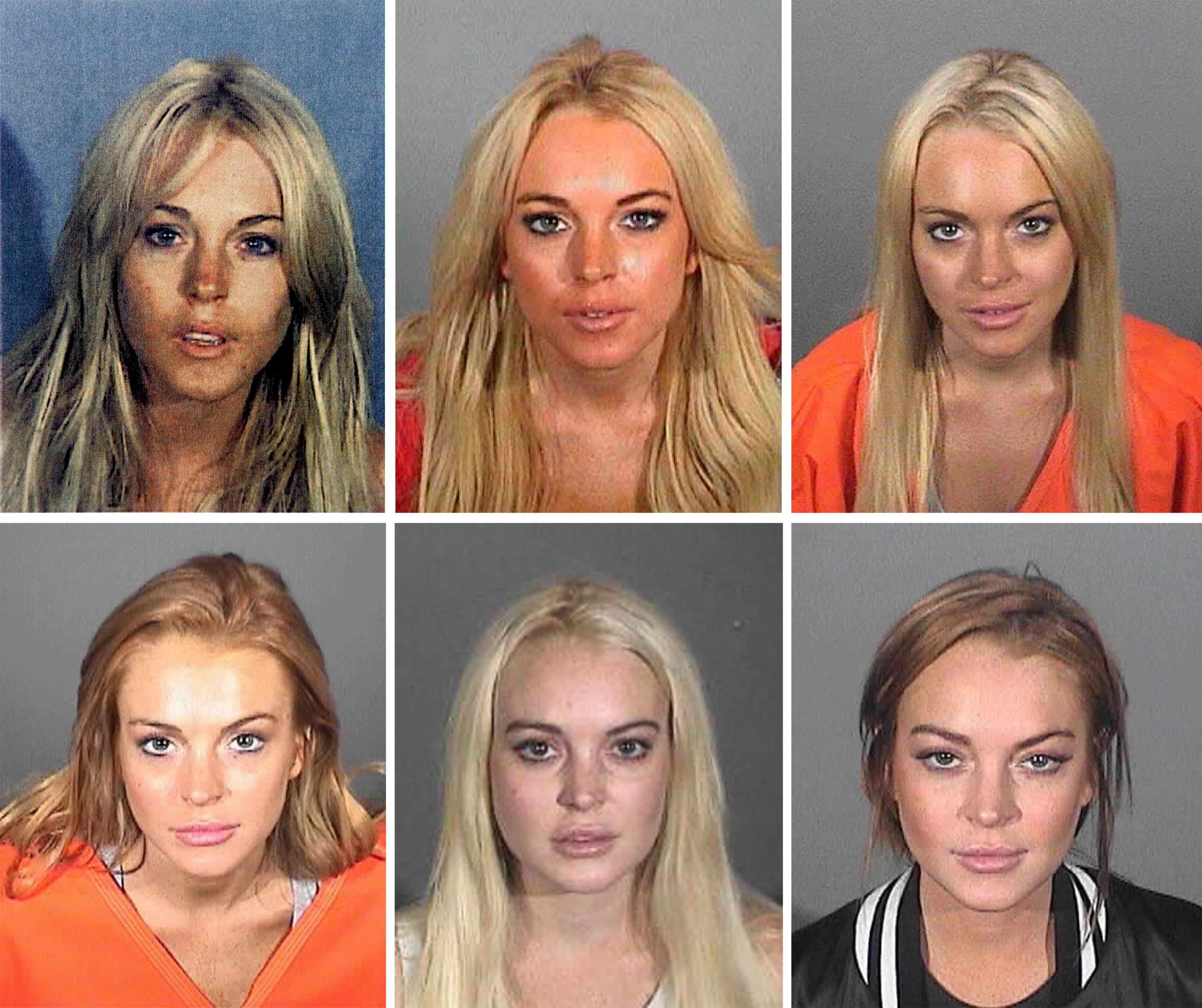Six booking photos of actress Lindsay Lohan in different police departments. | Source: Getty Images