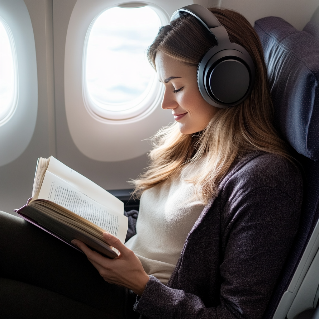 Book in hand, headphones in place, the worman closes her eyes and smiles as she anticipates a relaxing flight. | Source: Midjourney