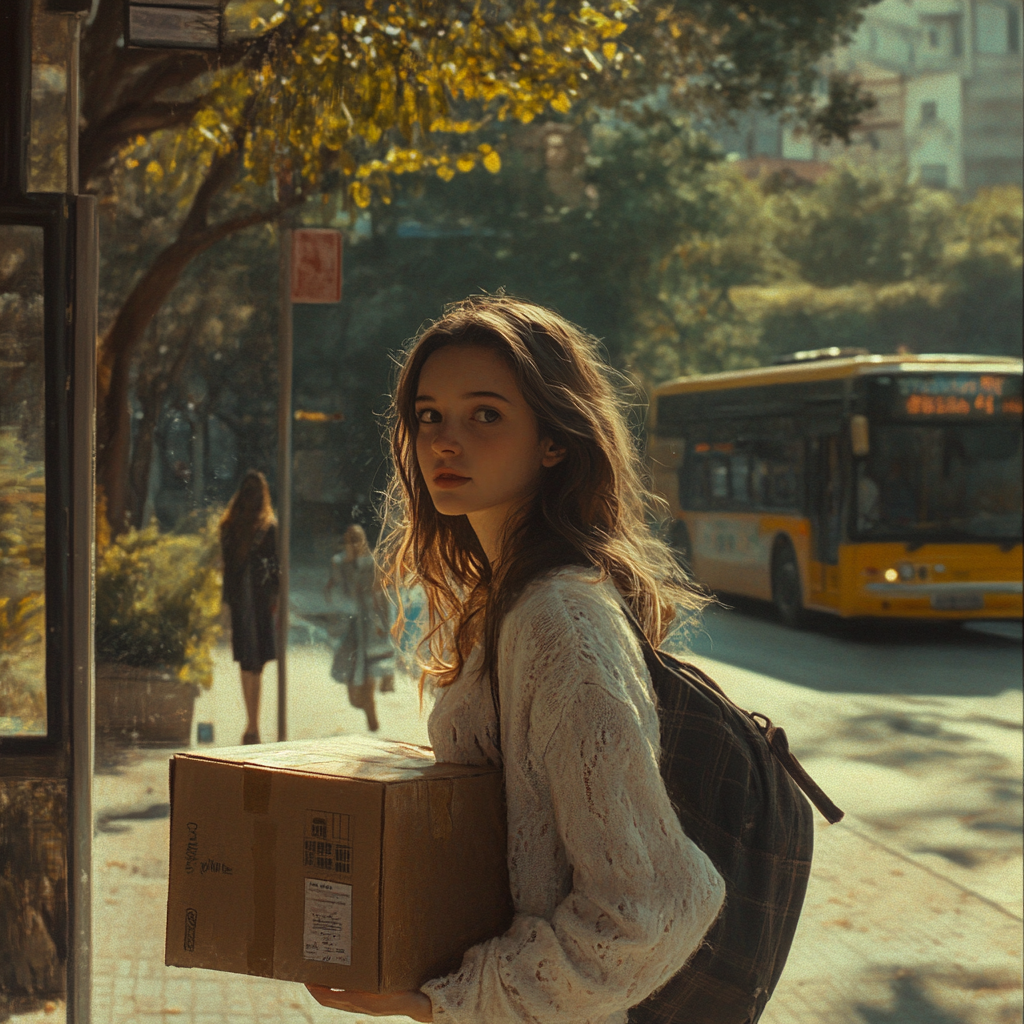 A woman talking to a bus stop with a box | Source: Midjourney