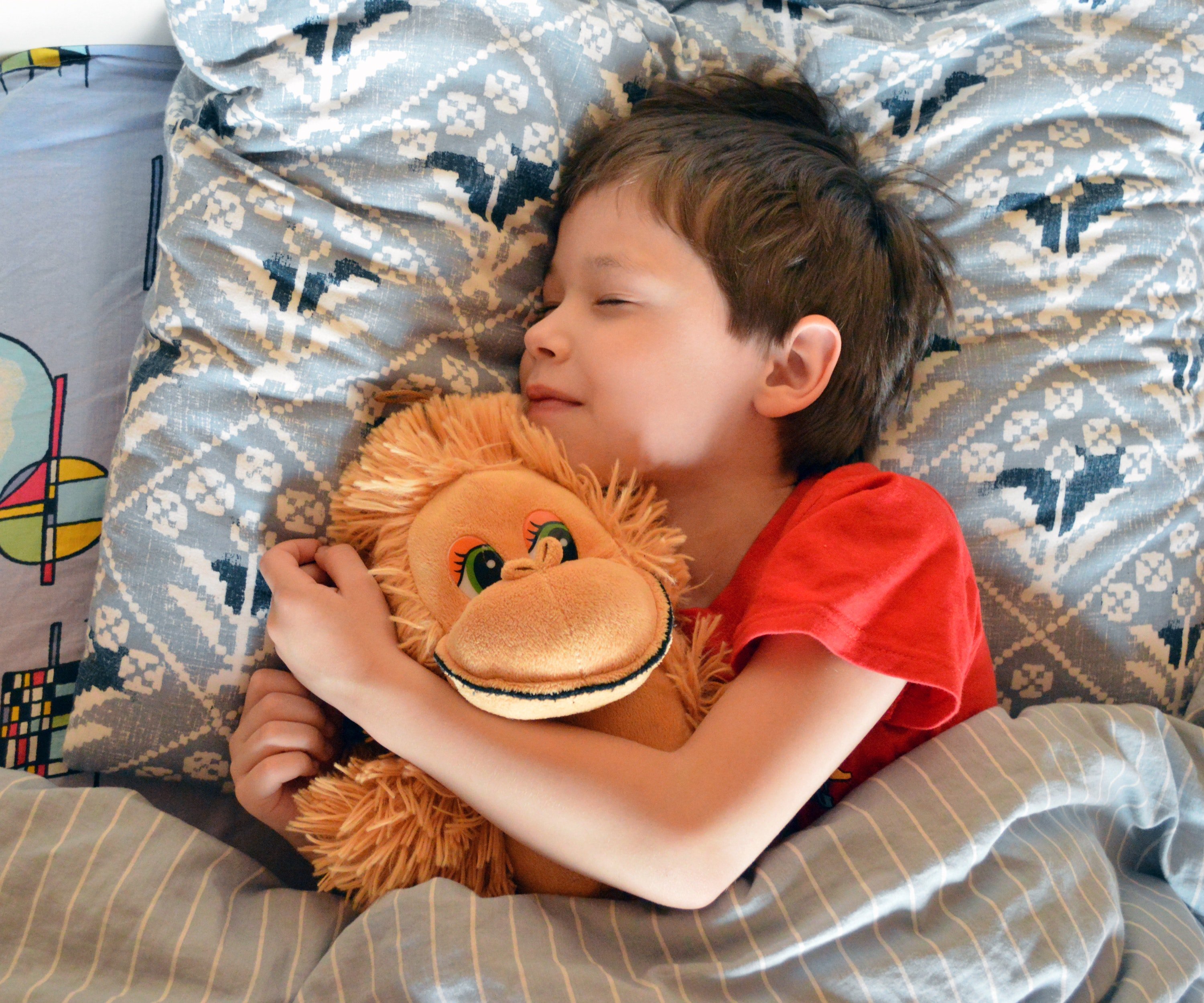 Niño acostado en su cama abrazando un muñeco de peluche. | Foto: Pexels