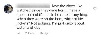 A fan's comment on Adam Busby's Instagram post asking why he did not wear life jackets for his kids | Photo: Instagram/adambuzz