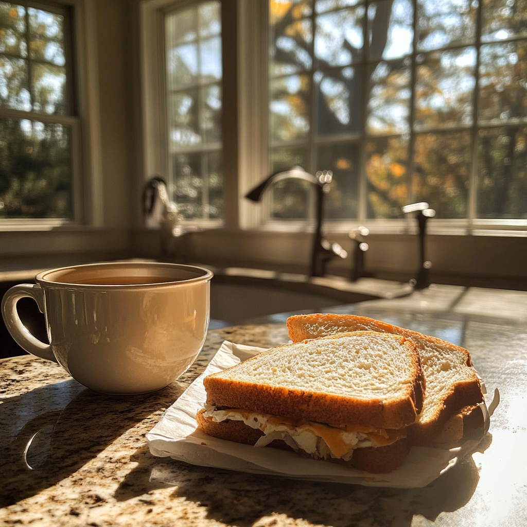 A sandwich and cup of tea on a counter | Source: Midjourney