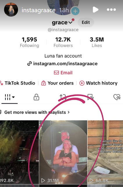 Screenshot of Grace Springer's TikTok page, circling the viral video from the Coldplay concert, dated July 17, 2025, on Instagram Stories | Source: Instagram/instaagraace