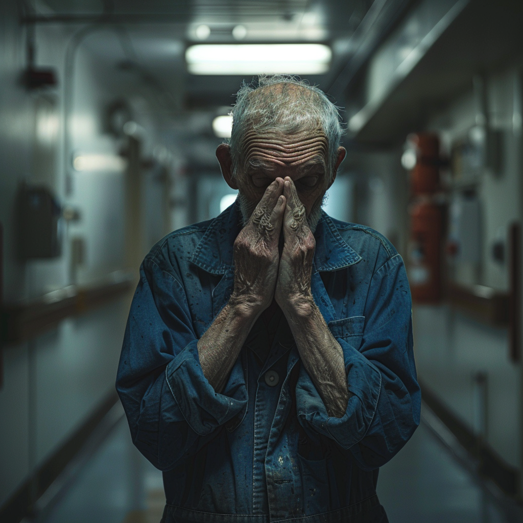 An elderly janitor looking stressed and disheveled | Source: Midjourney