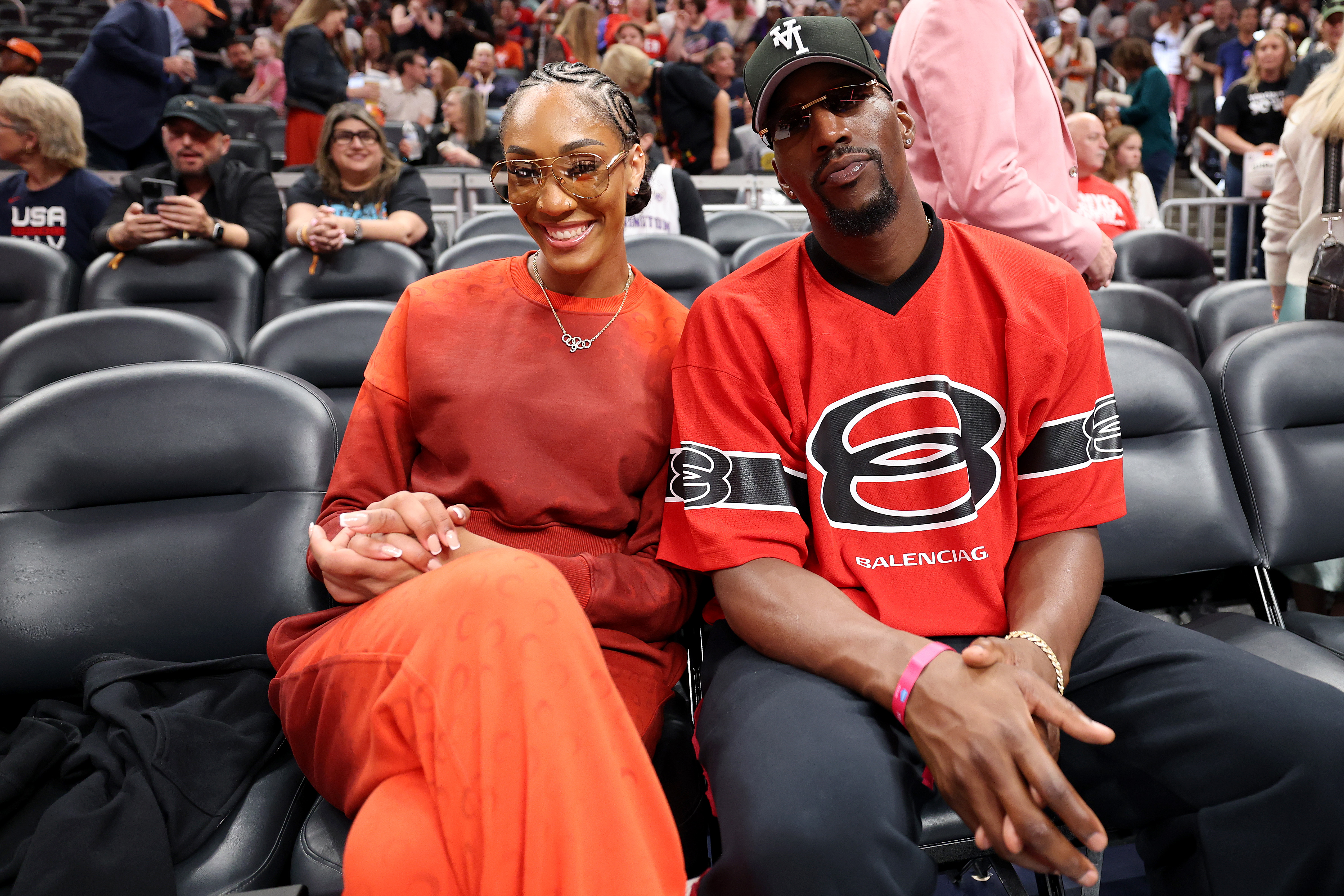 A'ja Wilson and Bam Adebayo talk prior to the STARRY 3-Point Contest during the AT&T WNBA All-Star weekend at Gainbridge Fieldhouse on July 18, 2025, in Indianapolis, Indiana | Source: Getty Images