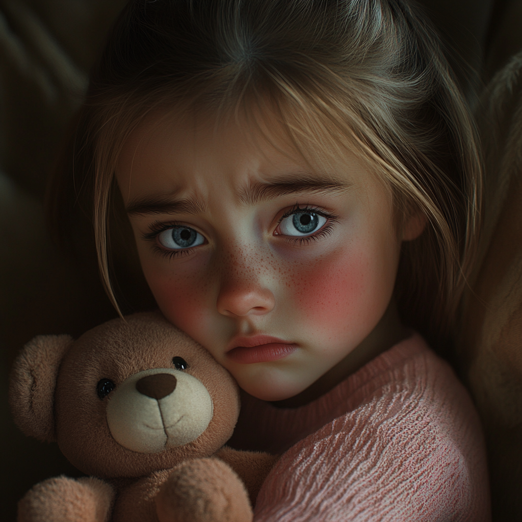 A sad little girl holding a teddy bear | Source: Midjourney