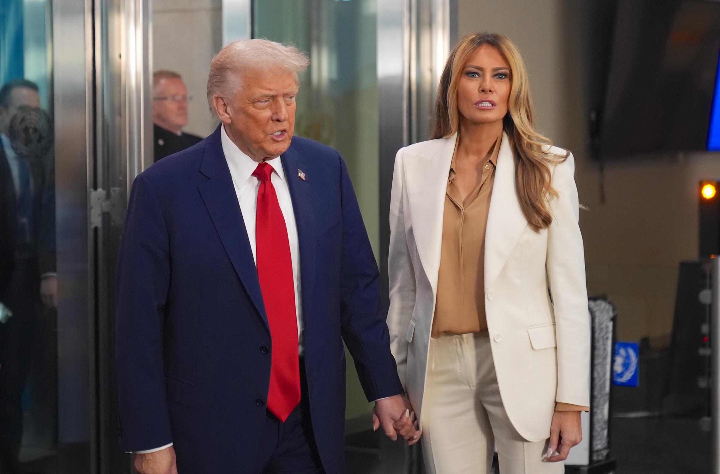 U.S. President Donald Trump and U.S. First Lady Melania Trump arrive at the 80th session of the UN's General Assembly (UNGA) in New York City on September 23, 2025. | Source: Getty Images