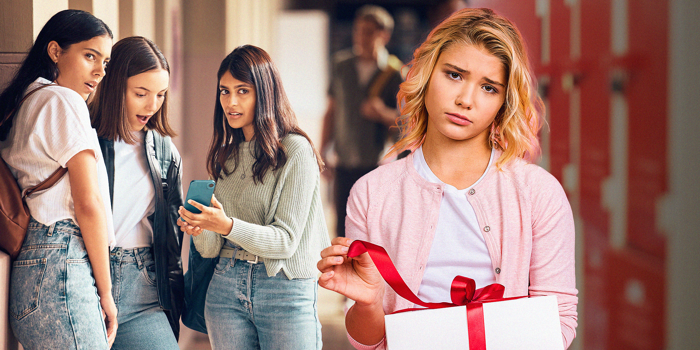 Three girls looking at a phone surprised and a girl opening a gift | Source: Shutterstock
