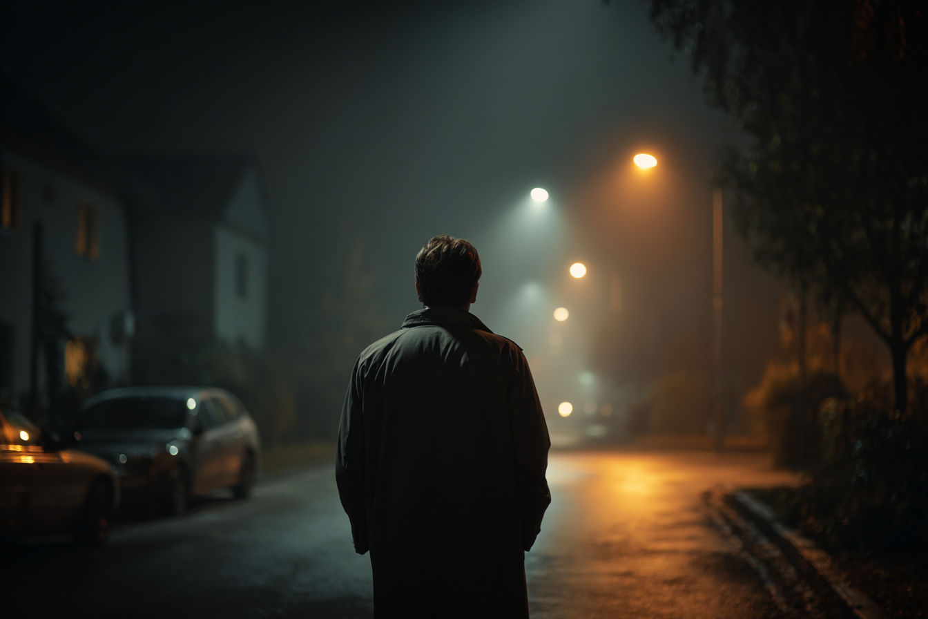 A man standing in a street at night | Source: Midjourney