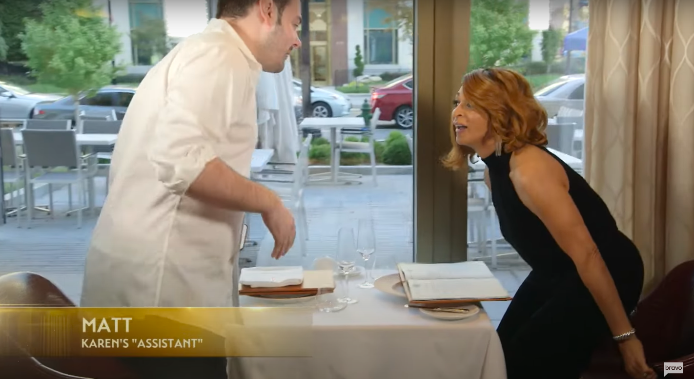 Matthew Byars and Karen Huger in a scene from "The Real Housewives of Potomac," posted on July 23, 2018 | Source: YouTube/Bravo