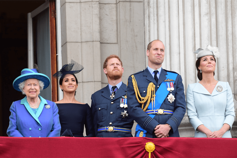 Queen Elizabeth II, Meghan Markle, Prince Harry, Prince William, and Kate Middleton watch the RAF 100th anniversary flypast from the balcony of Buckingham Palace on July 10, 2018 in London, England | Source: Getty Images