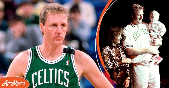 Larry Bird at the game between the Boston Celtics and Sacramento Kings on December 27, 1990 at Arco Arena in Sacramento, California (left), Larry Bird, his wife Dinah, and son Connor at the Larry Bird Night at the Boston Garden on February 4, 1993 (right) | Source: Getty Images
