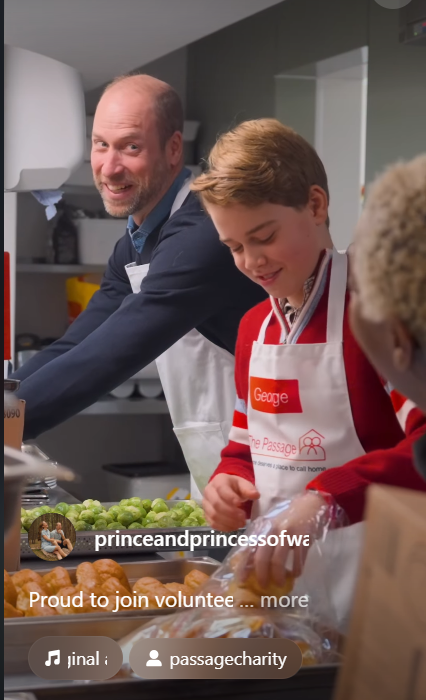 Prince William laughs as he places his hands on a staff member’s shoulders in the kitchen, while Prince George looks on during a light-hearted moment. | Source: Instagram/Princeandprincessofwales