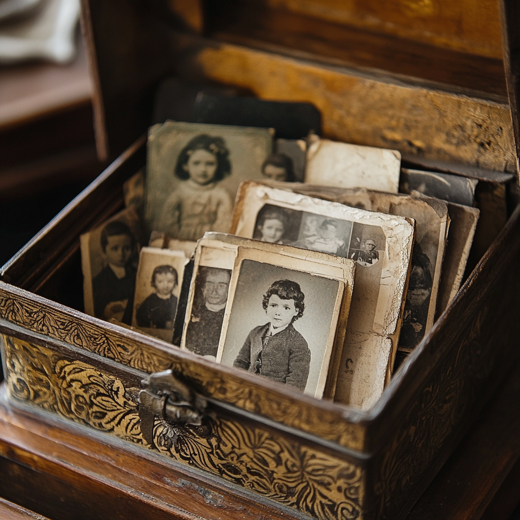 Antique box with old family photos | Source: Midjourney