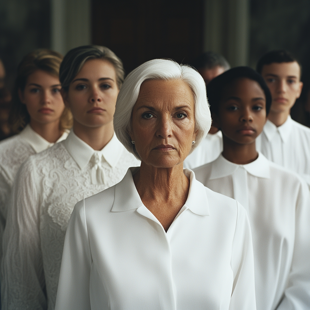 Senior woman and her children wearing white at a funeral | Source: Midjourney