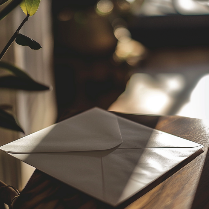 A white envelope lying on a wooden surface | Source: Midjourney
