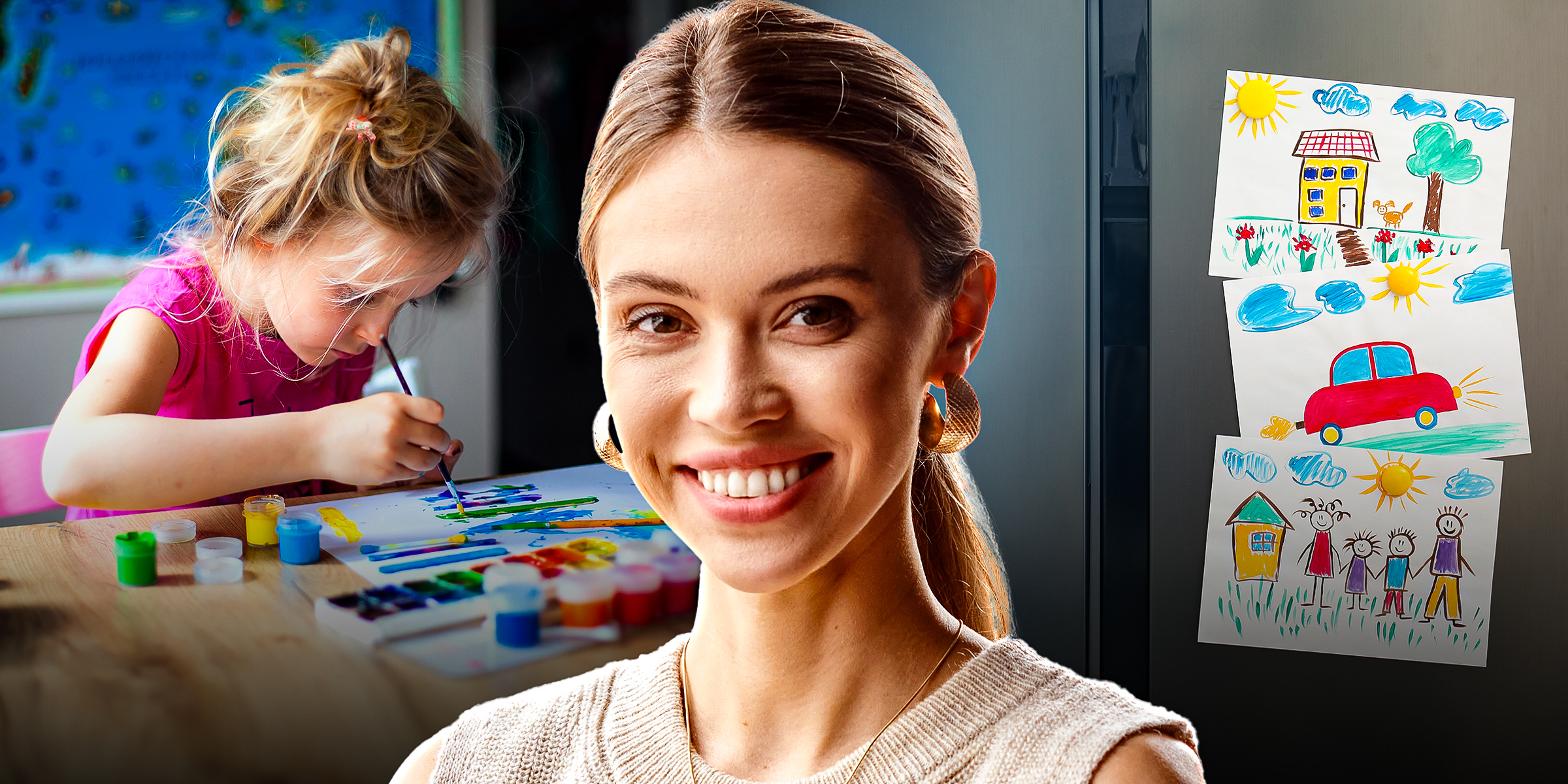 A little girl drawing on a paper | A blonde woman with a ponytail | A kids' drawings | Source: Shutterstock