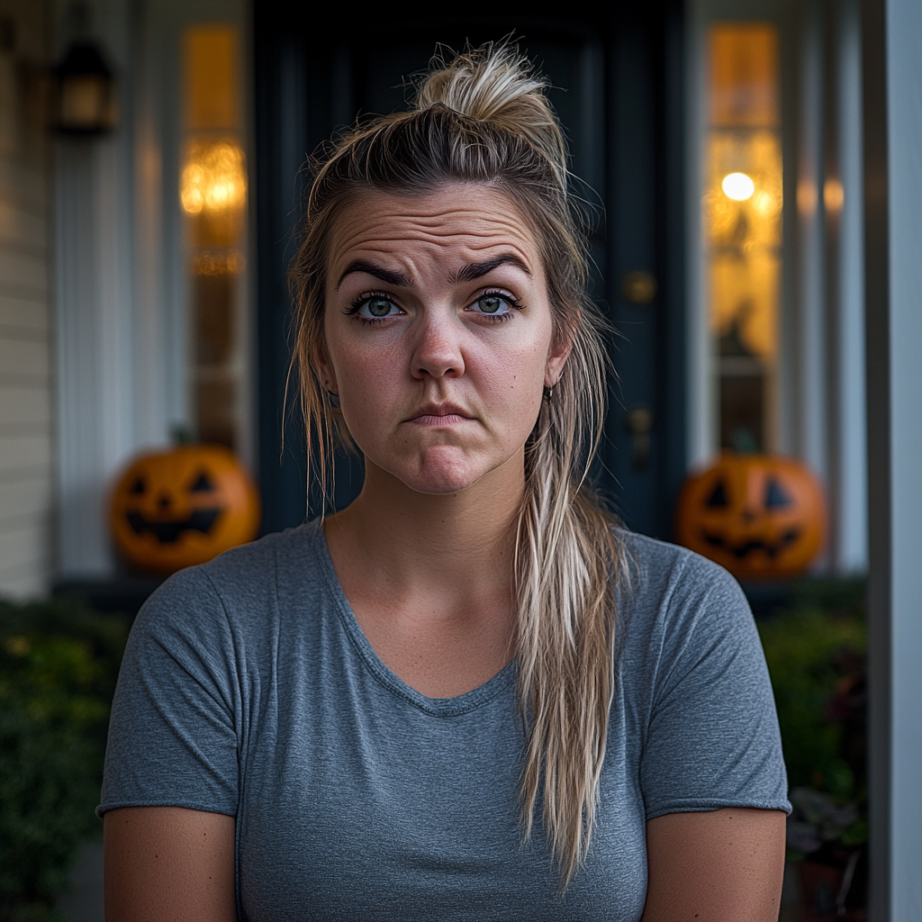 An unhappy woman standing outside her house | Source: Midjourney