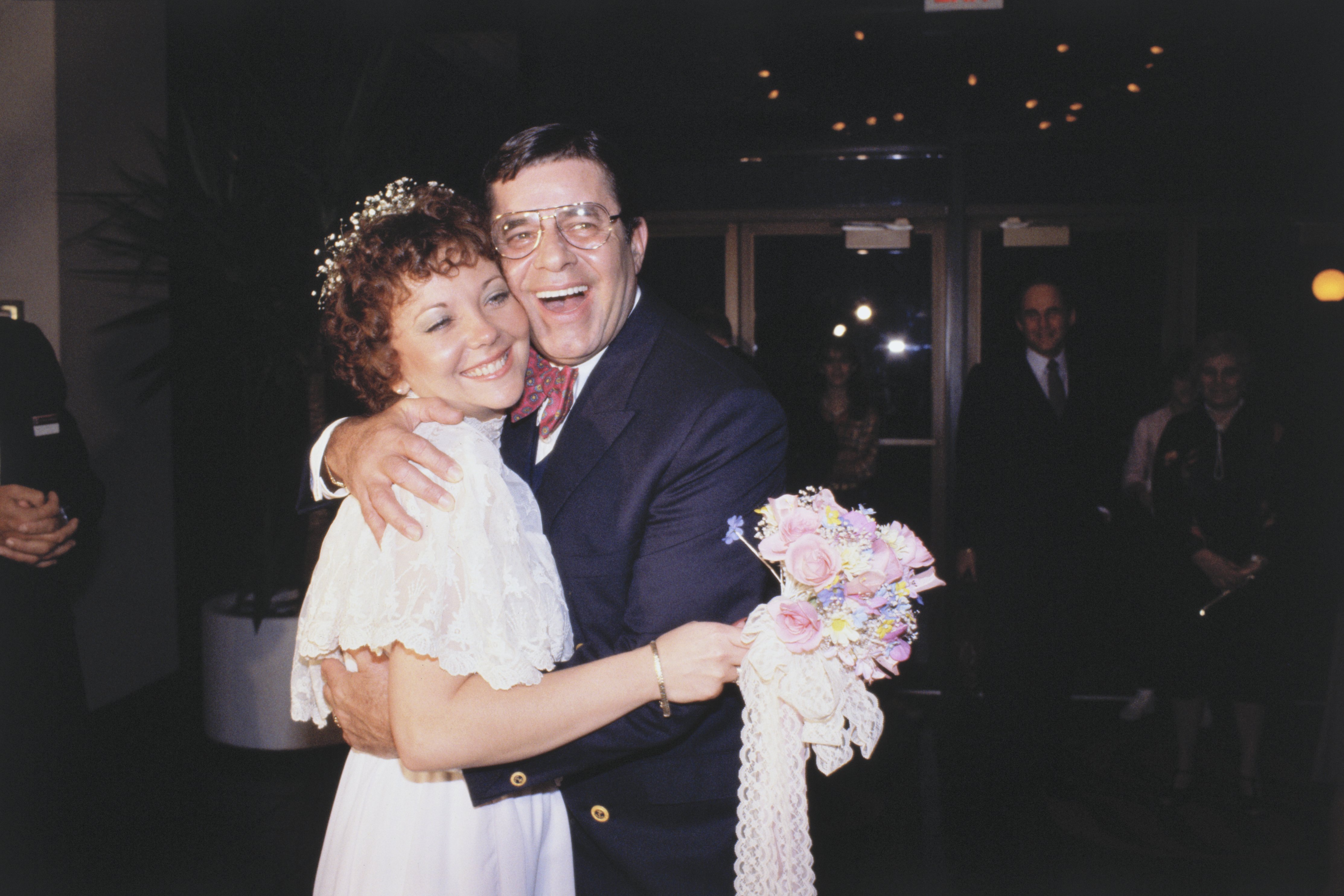 Jerry Lewis with his new bride Sandra Pitnick pictured after their wedding which was a small private ceremony on February 13, 1983. / Source: Getty Images