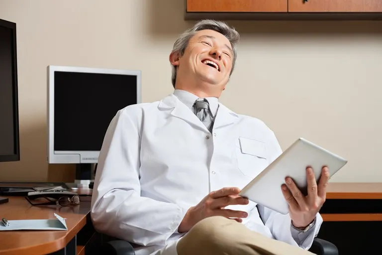 Photo d'un médecin croisant les jambes et riant | Photo : Shutterstock
