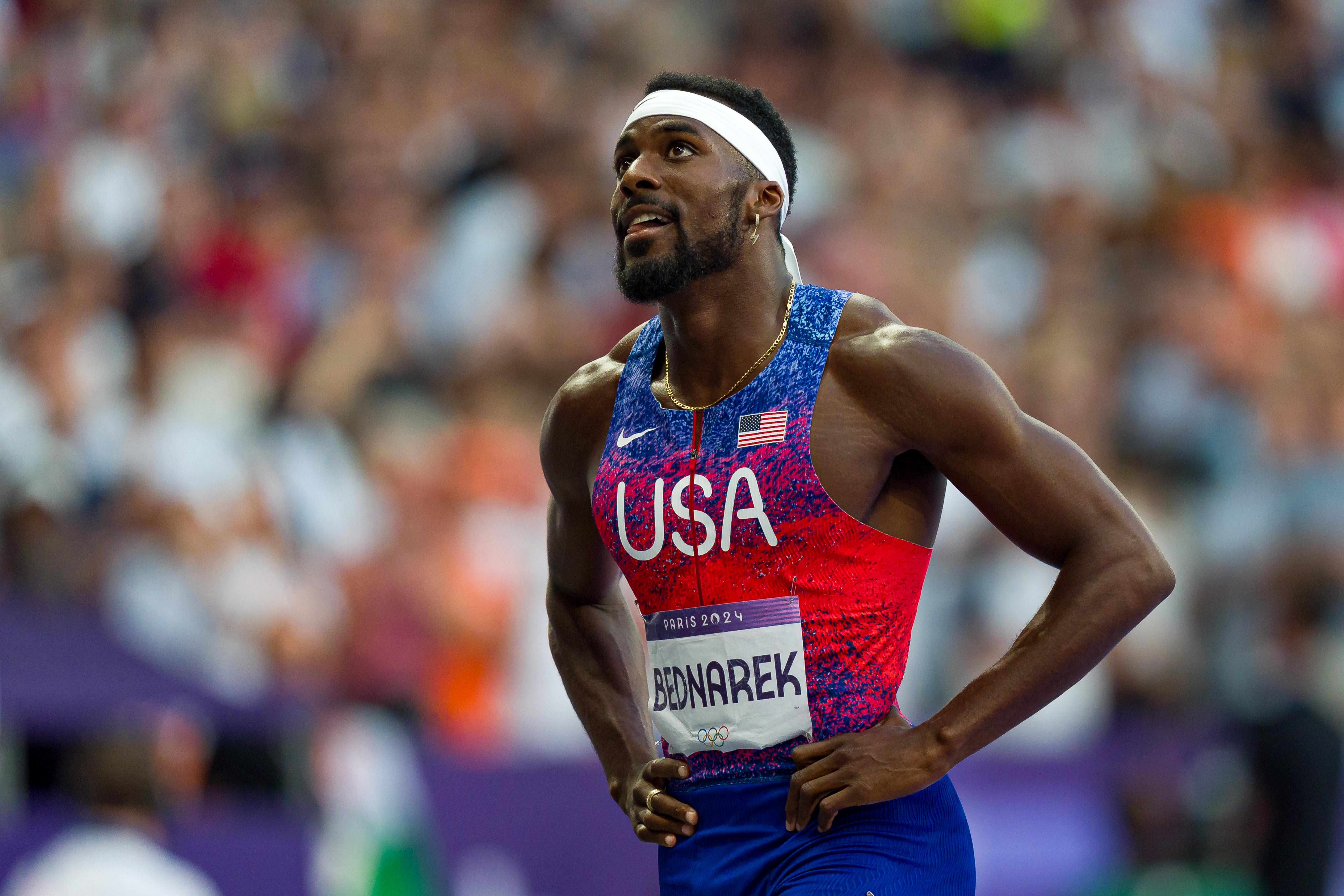 Kenneth Bednarek after competing in the Men's 4x100-meter Relay Final during the 2024 Summer Olympics on August 9, in France. | Source: Getty Images