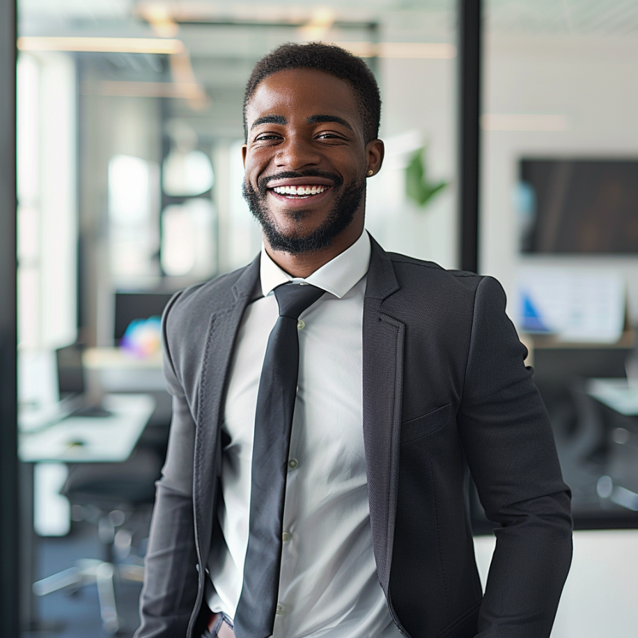A happy black man standing in his office | Source: Midjourney
