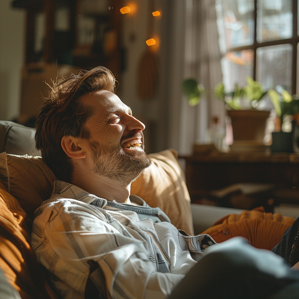 Man laughing closing his eyes | Source: Midjourney