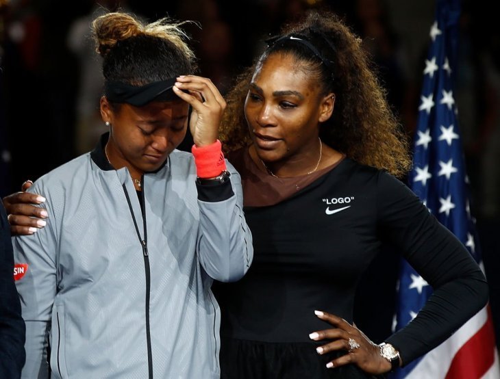 Serena showing her support for a tearful Naomi Osaka who expressed her sadness at defeating her idol at the US Open. | Source: Getty 