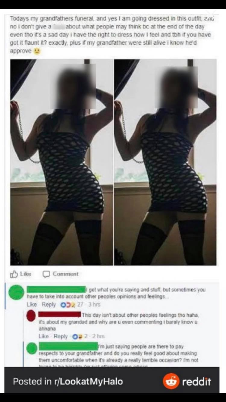 A woman in a fishnet dress at her grandfather's funeral. | Source: reddit.com/r/trashy 