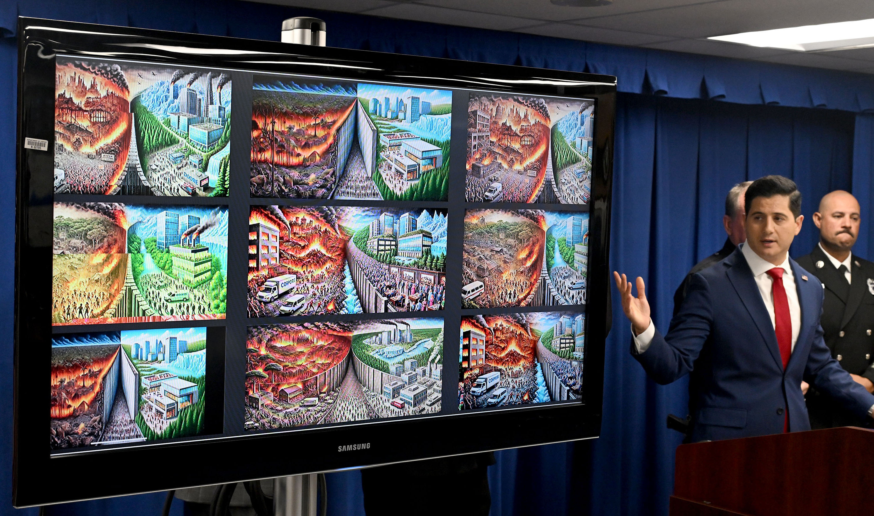 Acting United States Attorney Bill Essayli pointing at the disturbing ChatGPT images generated by Jonathan Rinderknecht during a press conference in Los Angeles, California on October 8, 2025. | Source: Getty Images