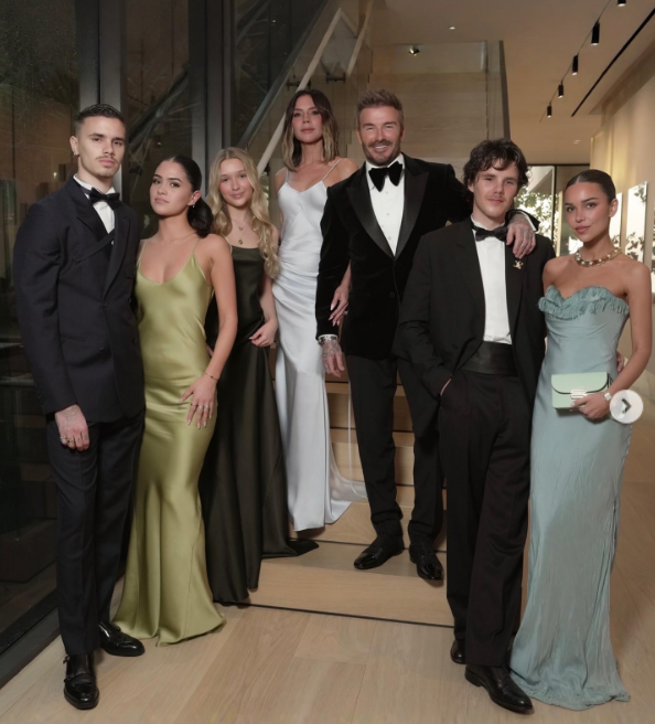Victoria, David, Cruz, Romeo, and Harper Beckham, Jackie Apostel, and Kim Turnbull celebrate David Beckham in a post dated March 31, 2025 | Source: Instagram/victoriabeckham