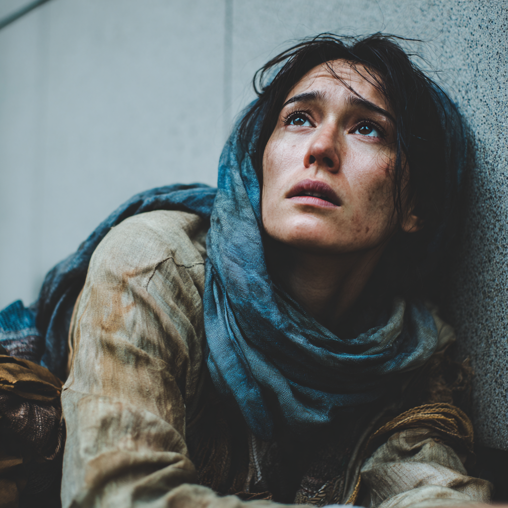 A scared woman on a sidewalk | Source: Midjourney