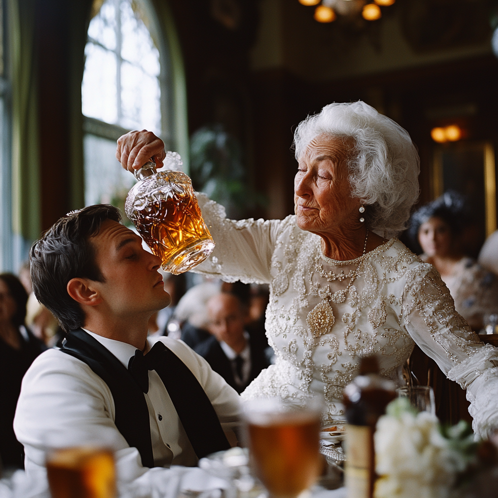 An old woman hits a groom on the head | Source: Midjourney