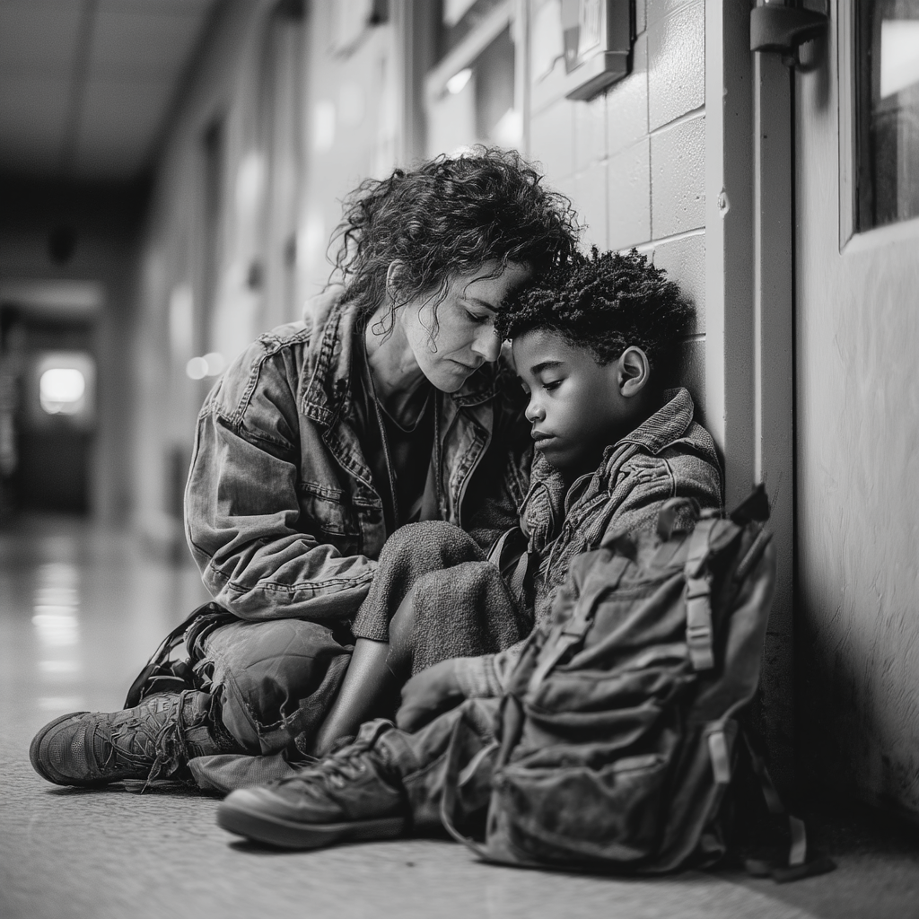 A sad boy sitting with a woman | Source: Midjourney