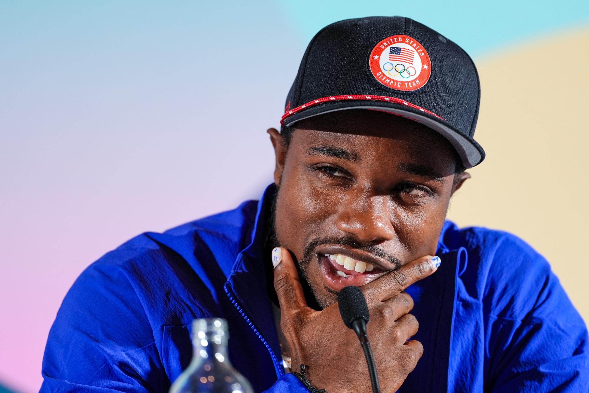 Noah Lyles at a press conference during the Paris 2024 Olympic Games on July 29 in France. | Source: Getty Images