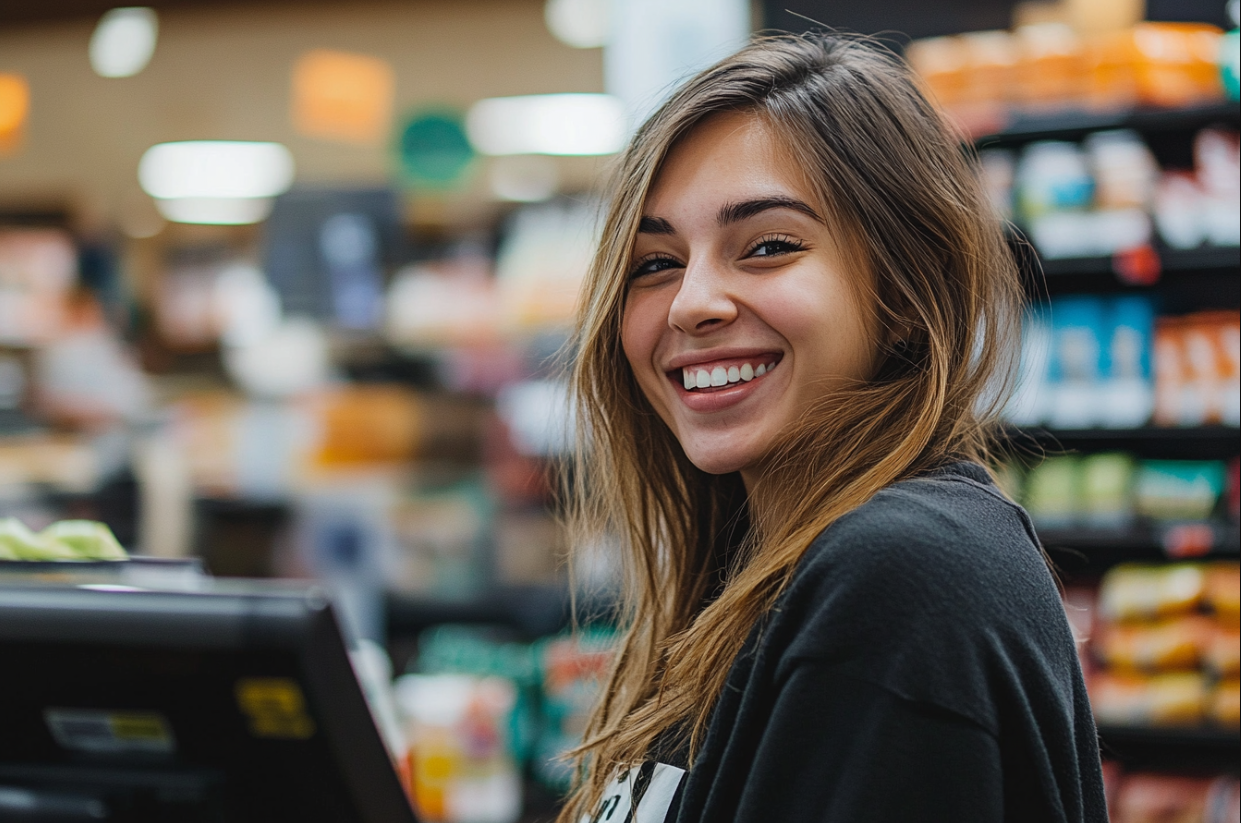 A friendly grocery store cashier | Source: Midjourney