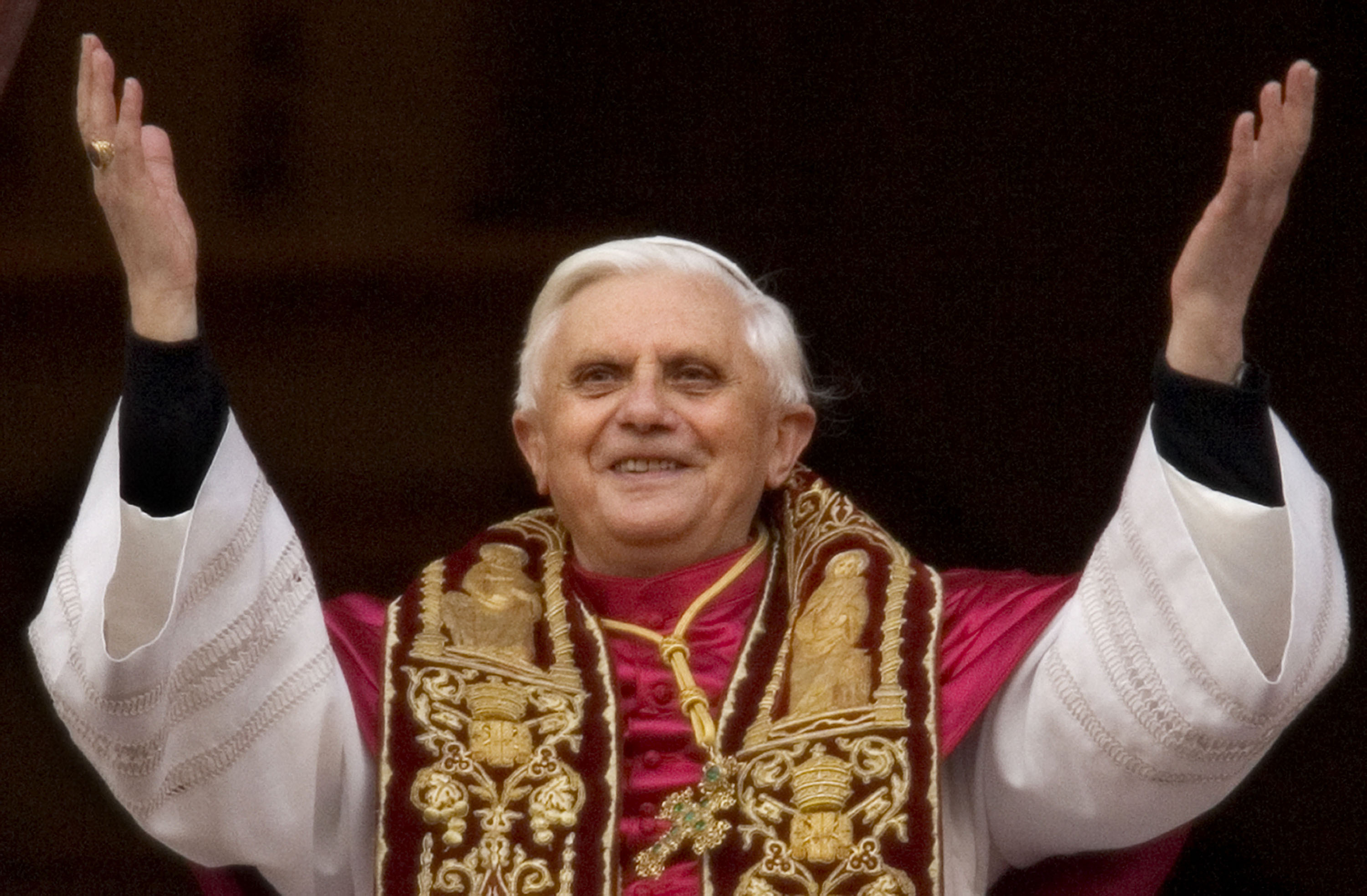 Pope Benedict XVI appears on the central balcony of St Peter's Basilica in Vatican City on April 19, 2005. | Source: Getty Images